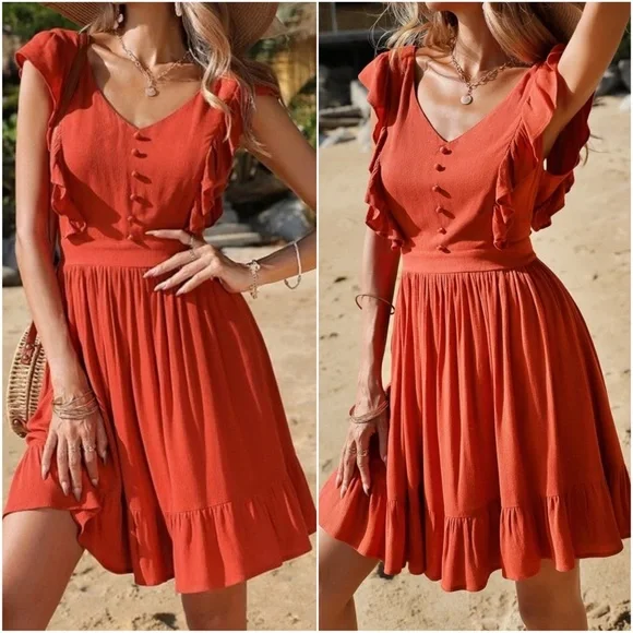 Boho Button Detail Ruffle Sleeve Backless Mini Dress - Picture 3 of 3